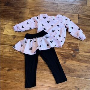 Heart Print Pink Top and Black Leggings Set